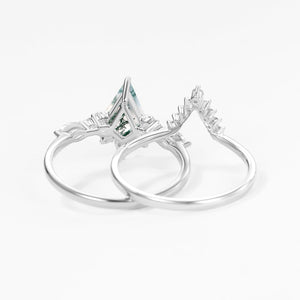 One-of-a-Kind Kite Cut Moss Agate Engagement Ring Set 2pcs