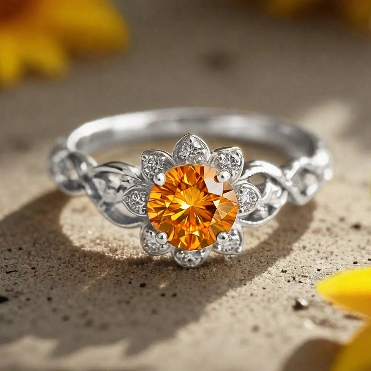 Solara's Petal – Round Citrine Engagement Ring with Floral Diamond Accents