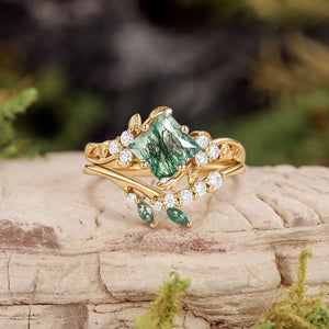 Nature Inspired Green Leafy Princess Cut Moss Agate Engagement Ring Set 2PCS