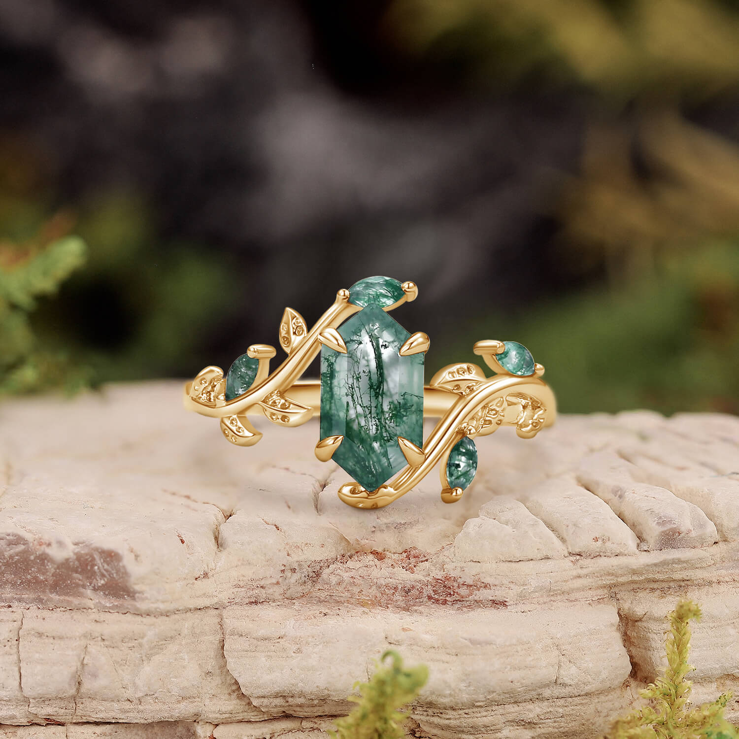 Vintage Hexagon Cut Moss Agate Leafy Engagement Ring