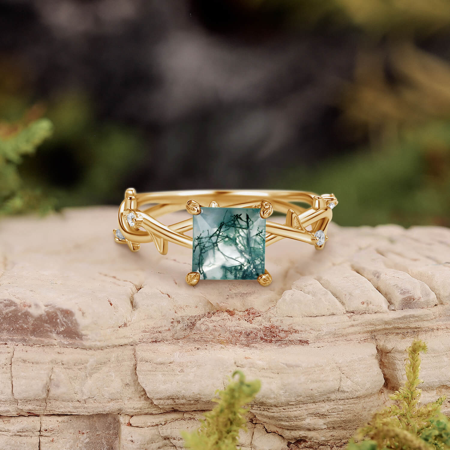Nature Inspired Princess Cut Moss Agate Leafy Engagement Ring