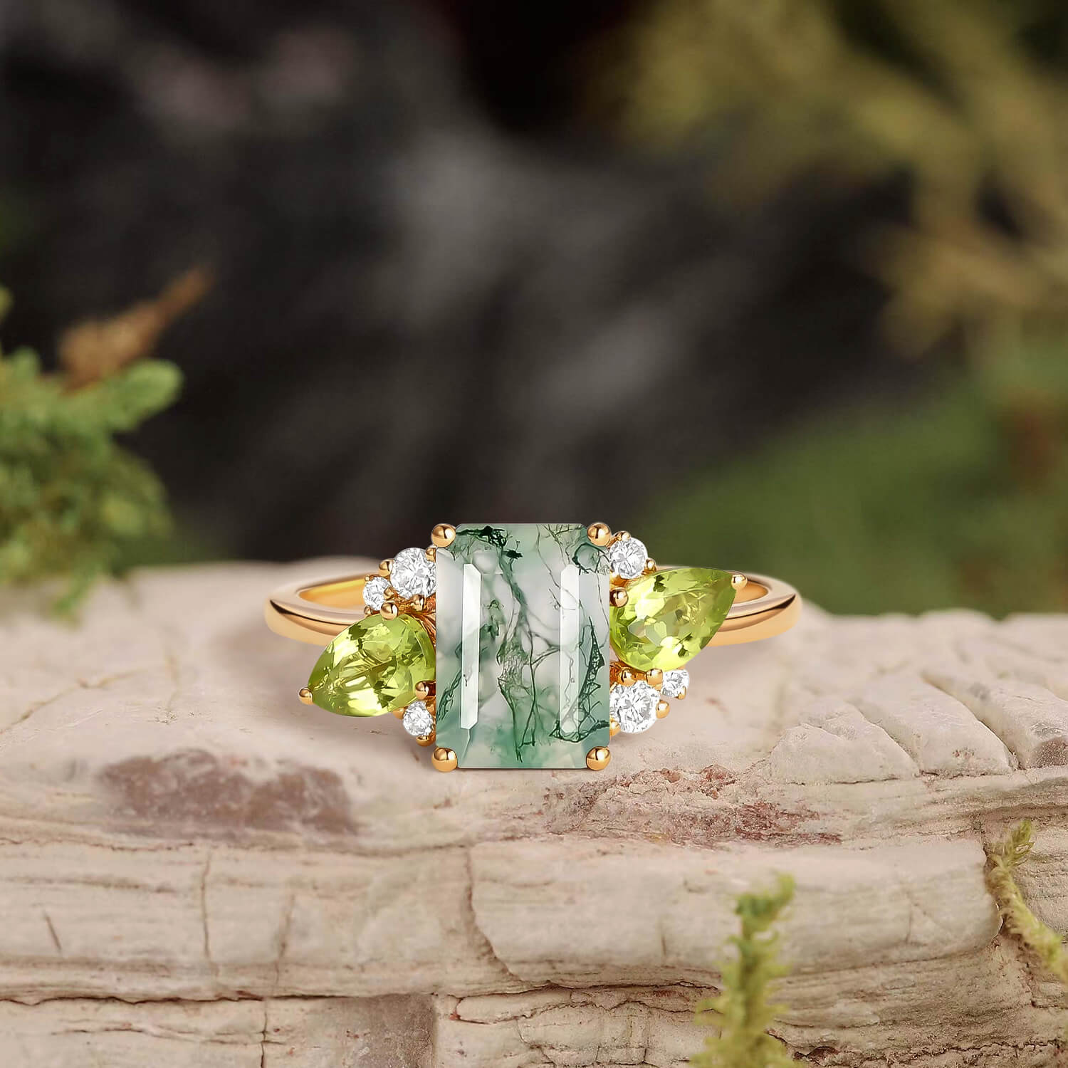 Nature Inspired Emerald Cut Moss Agate Double Pear Peridot Engagement Ring