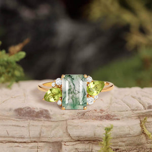 Nature Inspired Emerald Cut Moss Agate Double Pear Peridot Engagement Ring