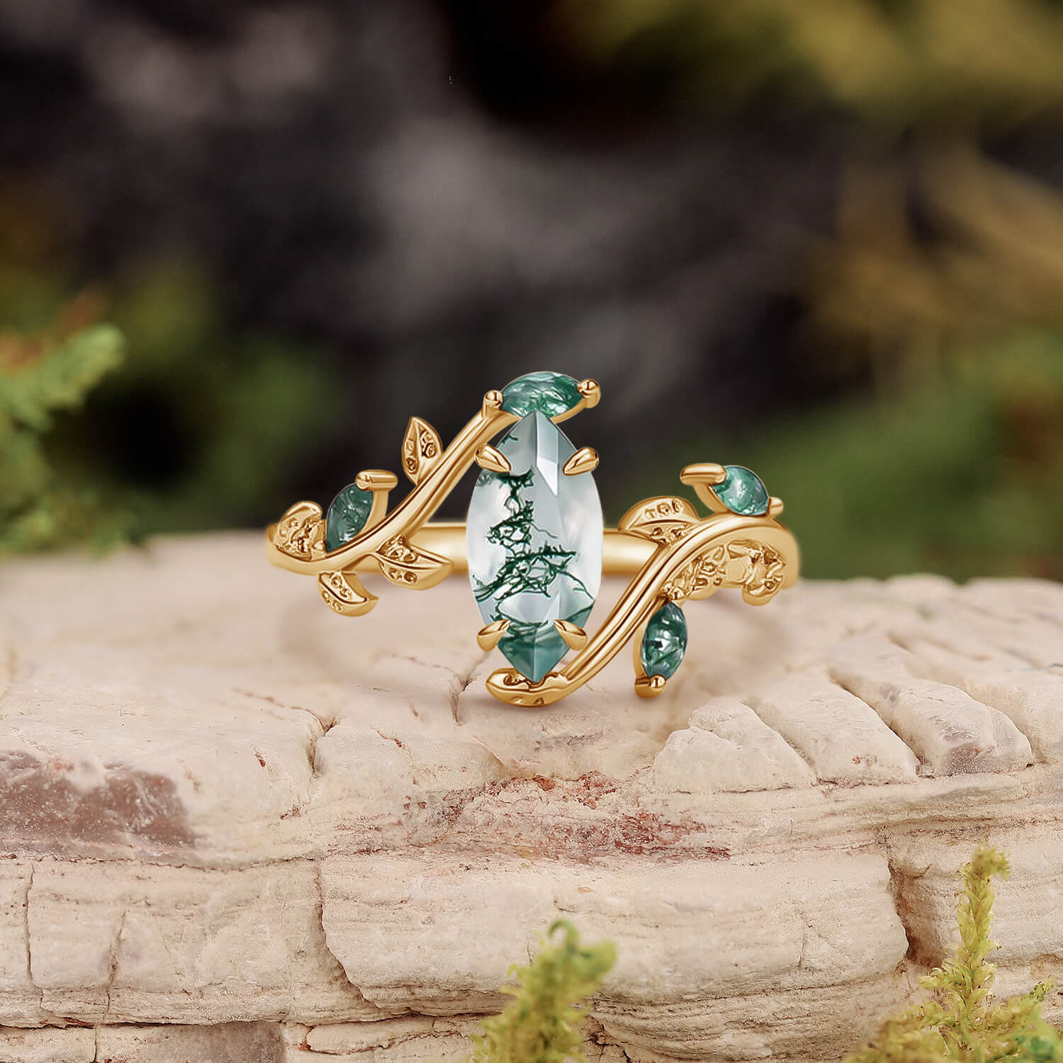 Vintage Marquise Cut Moss Agate Leafy Engagement Ring