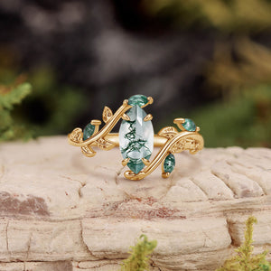 Vintage Marquise Cut Moss Agate Leafy Engagement Ring