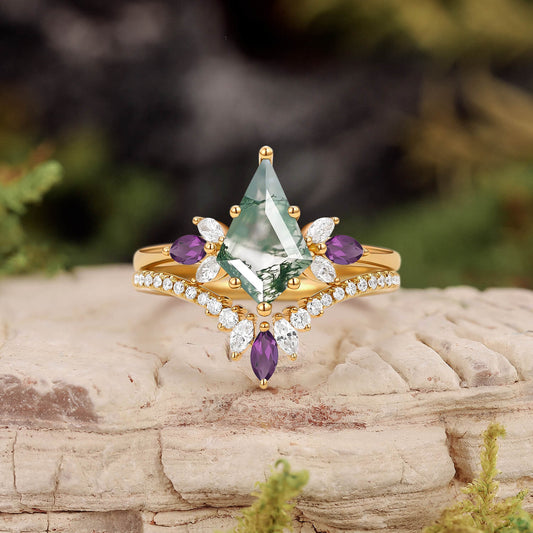 Butterfly Fairy - Unique Kite Cut Moss Agate & Amethyst Engagement Ring Set 2pcs
