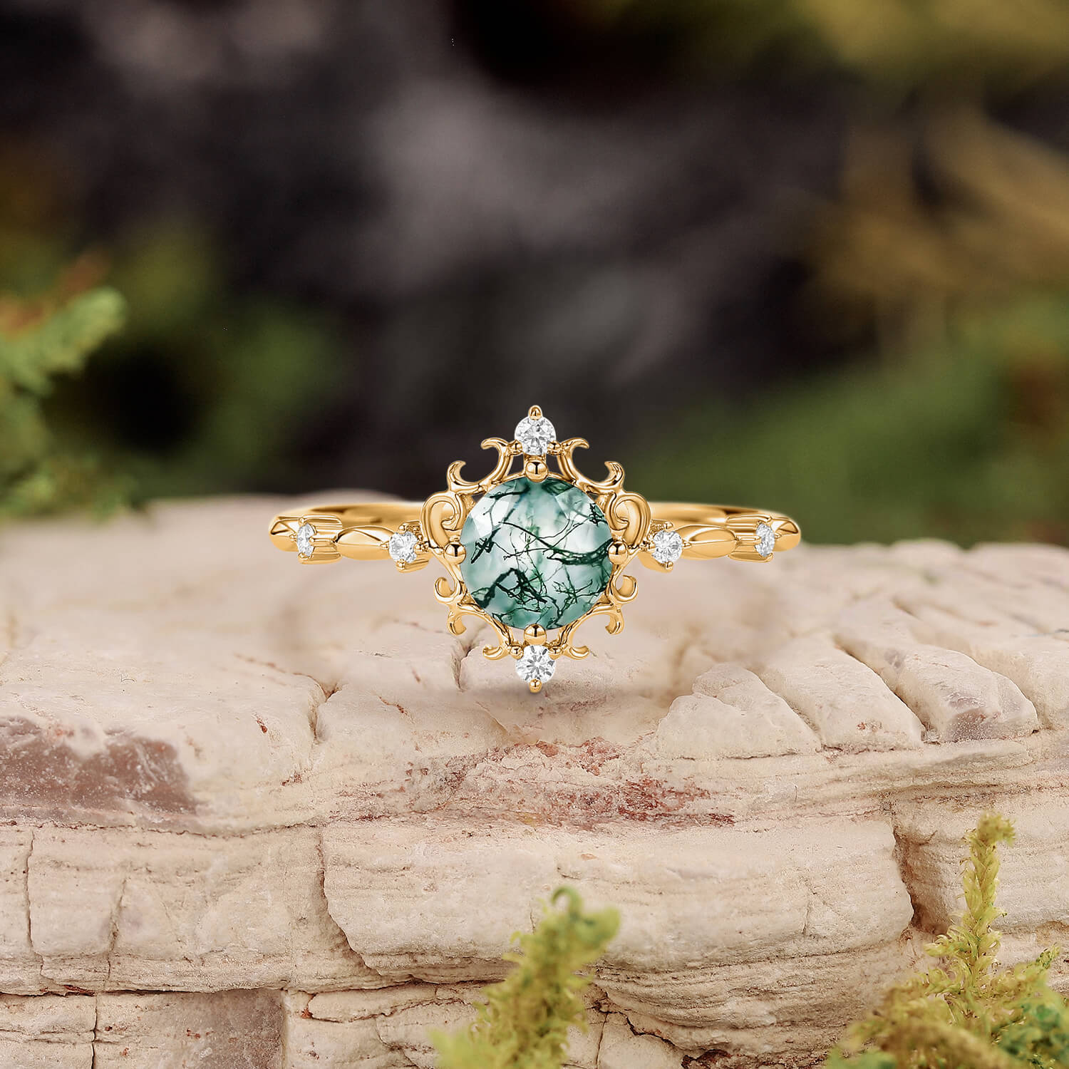 Vintage Round Cut Moss Agate Cluster Engagement Ring