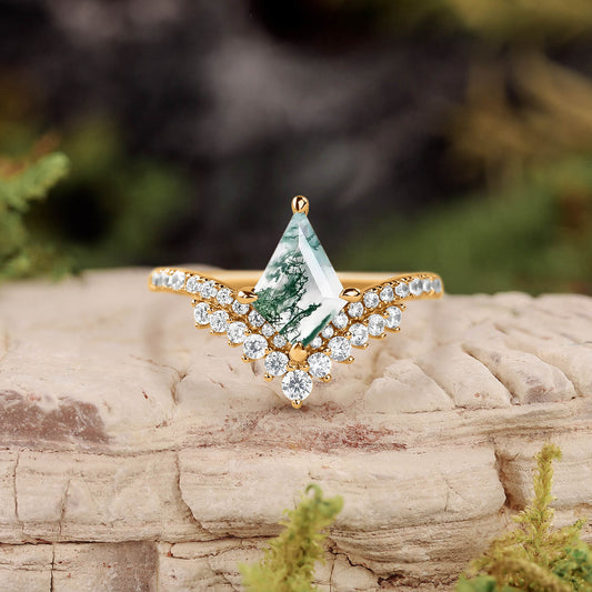 Nature Inspired Kite Cut Moss Agate Cluster Engagement Ring
