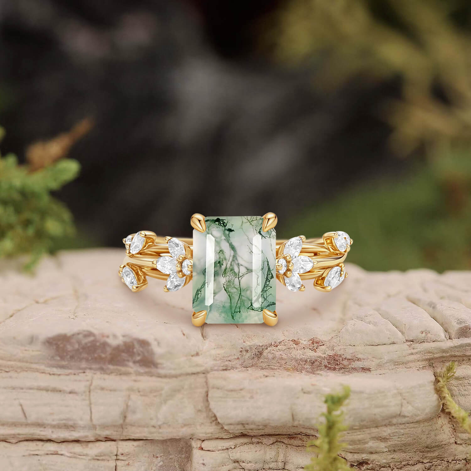 Nature Inspired Emerald Cut Moss Agate Engagement Ring