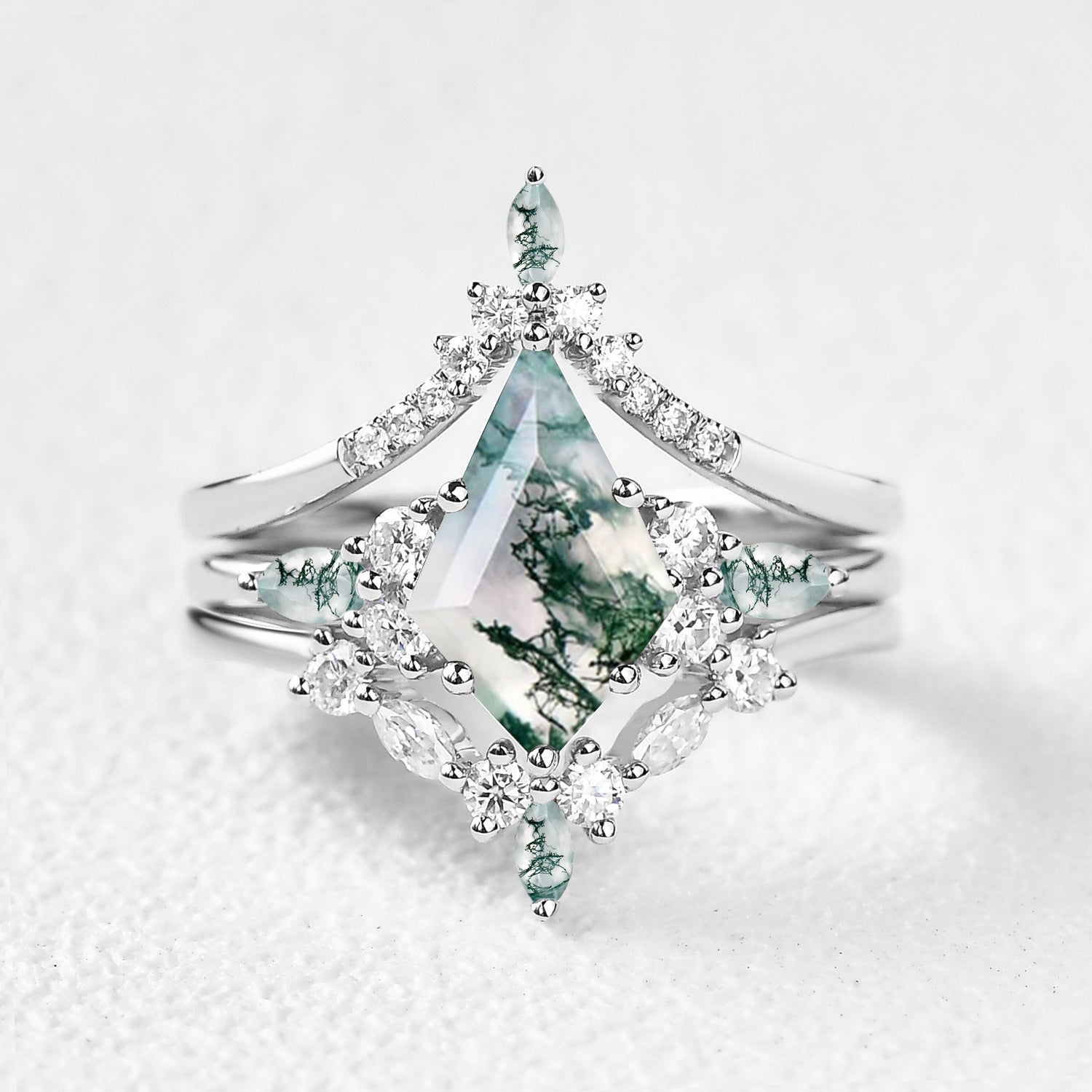 Tessa Unique Kite Cut GreenMoss Agate Chevron Engagement Ring Set 3pcs