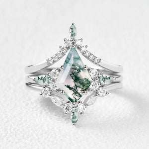 Tessa Unique Kite Cut GreenMoss Agate Chevron Engagement Ring Set 3pcs