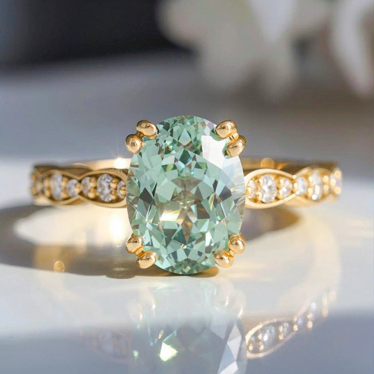 Lydia's Lace – Oval Green Sapphire Engagement Ring with Lace-Trim Diamond Band