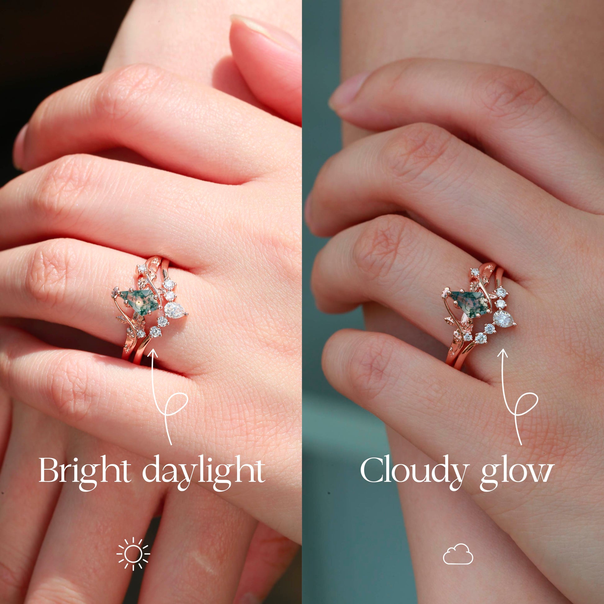 Nature Inspired - Unique Kite Cut Moss Agate Leafy Bridal Ring Sets 2pcs - Willow
