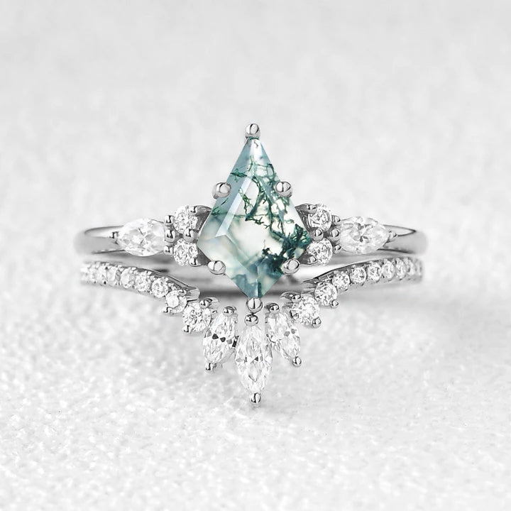 Kite Cut Moss Agate Three Stone Engagement Ring Set 2pcs - Rebecca