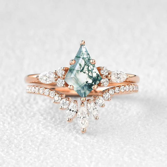 Kite Cut Moss Agate Three Stone Engagement Ring Set 2pcs - Rebecca