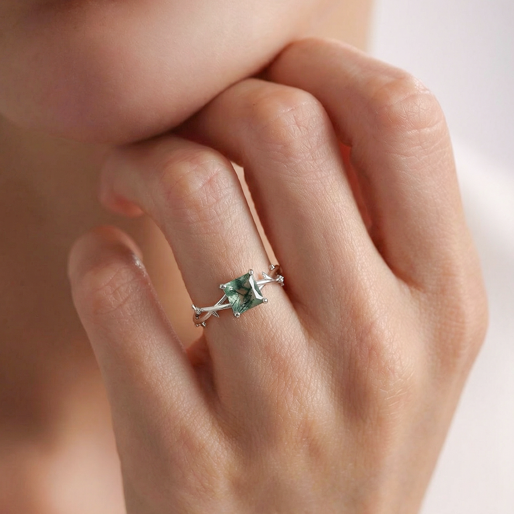 Nature Inspired Princess Cut Moss Agate Leafy Engagement Ring