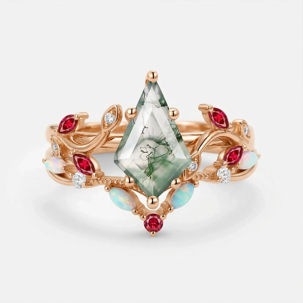 Moss Agate & Opal & Ruby Unique Engagement Ring Set 2pcs