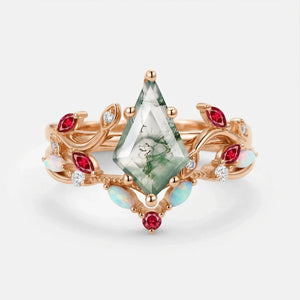 Moss Agate & Opal & Ruby Unique Engagement Ring Set 2pcs