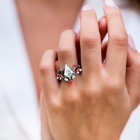 Moss Agate & Opal & Ruby Unique Engagement Ring Set 2pcs