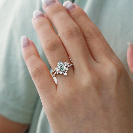 Black Gold Long Hexagon Moss Agate Milgrain Engagement Ring Set 2pcs