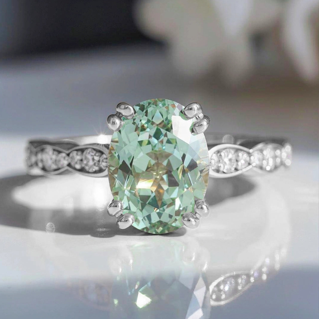 Lydia's Lace – Oval Green Sapphire Engagement Ring with Lace-Trim Diamond Band