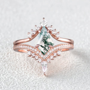 Kite Cut Moss Agate Deep V Chevron Engagement Ring Set 2pcs