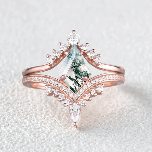 Kite Cut Moss Agate Deep V Chevron Engagement Ring Set 2pcs