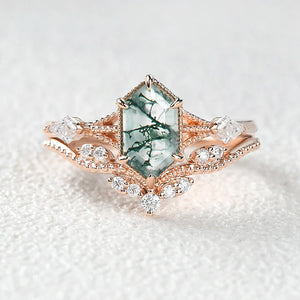 Vintage Long Hexagon Moss Agate Engagement Ring Set 2pcs