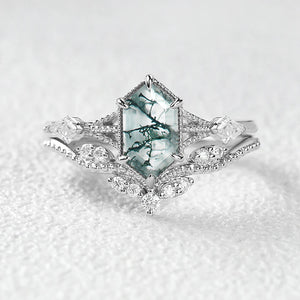 Vintage Long Hexagon Moss Agate Engagement Ring Set 2pcs