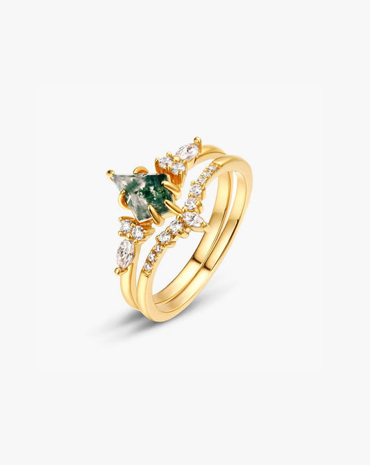 Vintage Kite Cut Moss Agate Engagement Ring Set