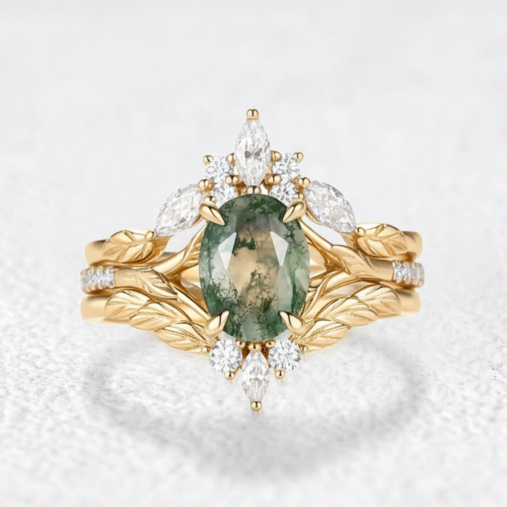 Unique Oval Cut Moss Agate Leafy Cluster Bridal Set