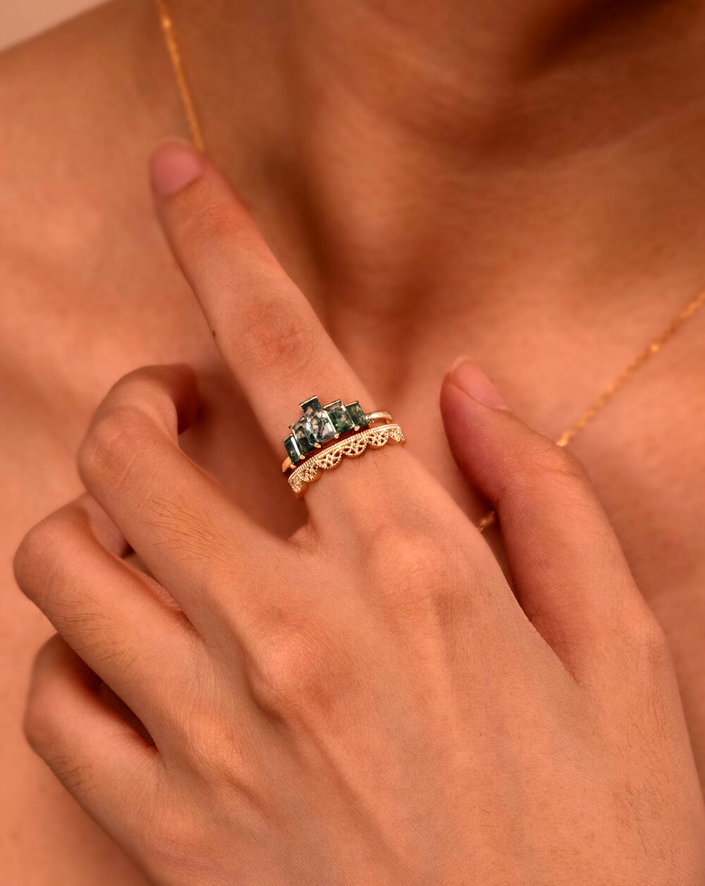 Gold Crown Stack Moss Agate Engagement Ring Set