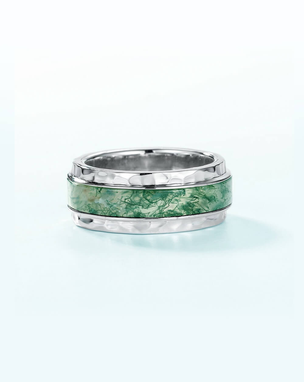 Bold Hammered Sterling Silver Moss Agate Statement Band Ring