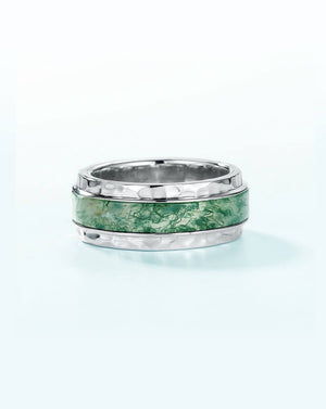 Bold Hammered Sterling Silver Moss Agate Statement Band Ring