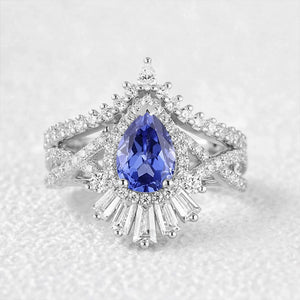 Elara's Crown | Pear Moss Agate Halo Baguette Bridal Set 2pcs