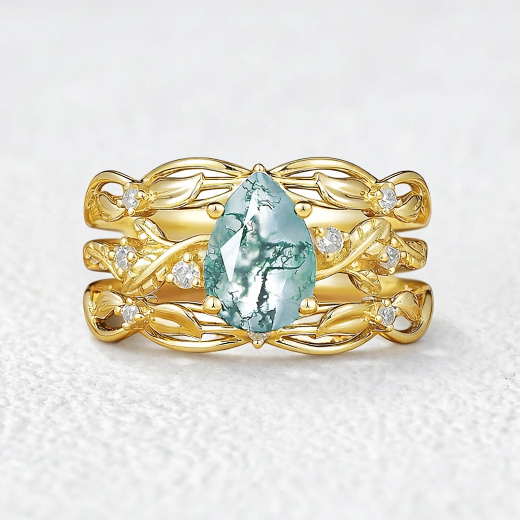 Felicity Moss Agate & Moissanite Vine Engagement Ring Set 2pcs