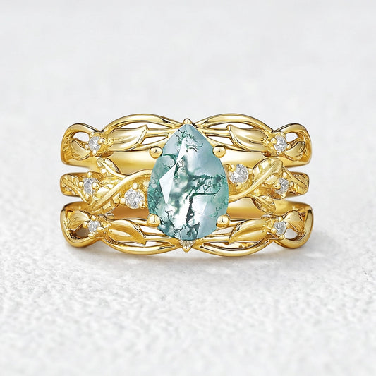 Felicity Moss Agate & Moissanite Vine Engagement Ring Set 2pcs