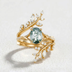 Daphne Oval Cut Moss Agate Cluster Enhancer Ring Set 2pcs