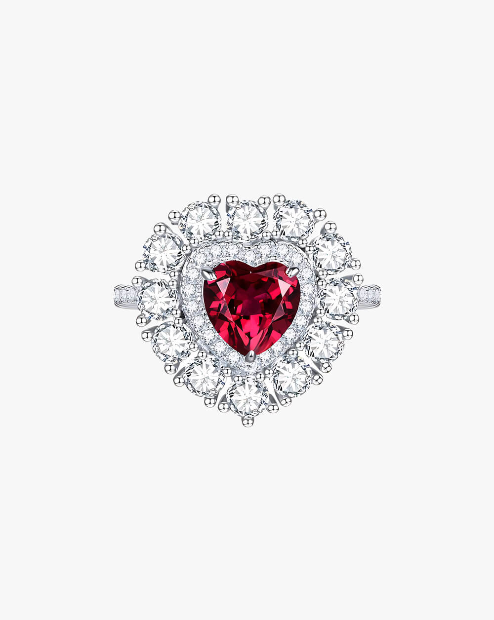 Sparkle Silver Ruby Heart Halo Statement Ring