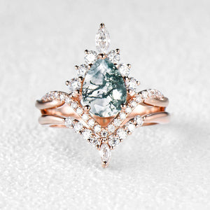 Pear Shaped Moss Agate Infinity Engagement Ring Set 2pcs