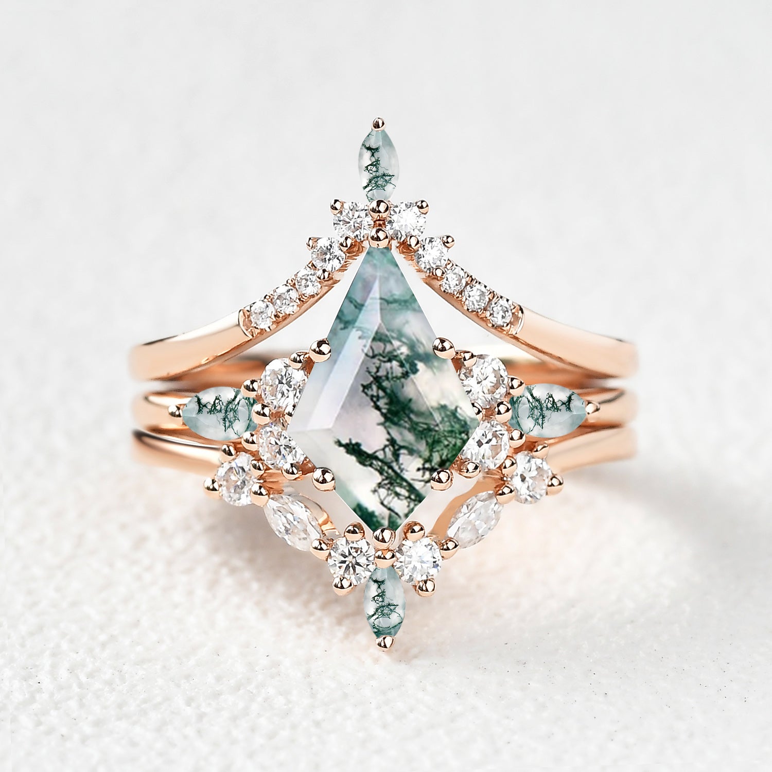 Tessa Unique Kite Cut GreenMoss Agate Chevron Engagement Ring Set 3pcs