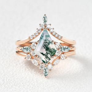Tessa Unique Kite Cut GreenMoss Agate Chevron Engagement Ring Set 3pcs