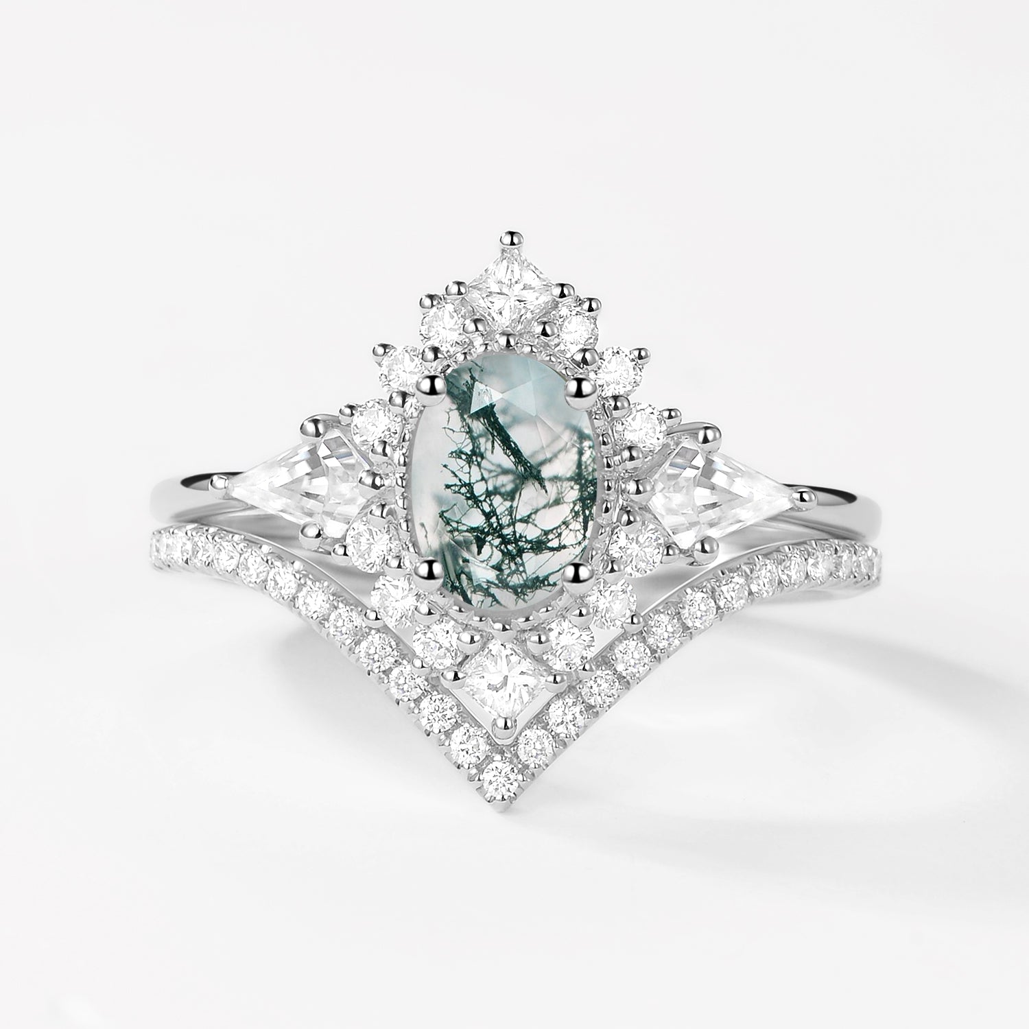 Oval Moss Agate Halo Ring Set 2pcs - Aadhya