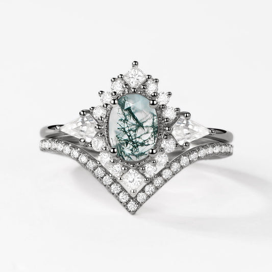 Black Gold Oval Moss Agate Halo Ring Set 2pcs