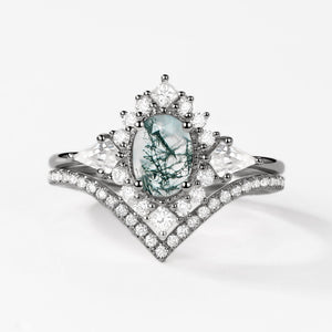 Oval Moss Agate Halo Ring Set 2pcs - Aadhya