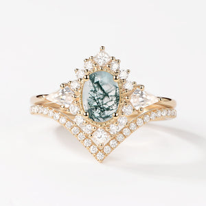 Oval Moss Agate Halo Ring Set 2pcs - Aadhya