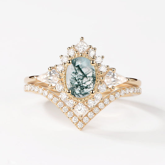 Oval Moss Agate Halo Ring Set 2pcs - Aadhya