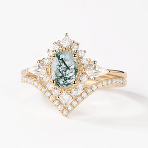 Oval Moss Agate Halo Ring Set 2pcs - Aadhya
