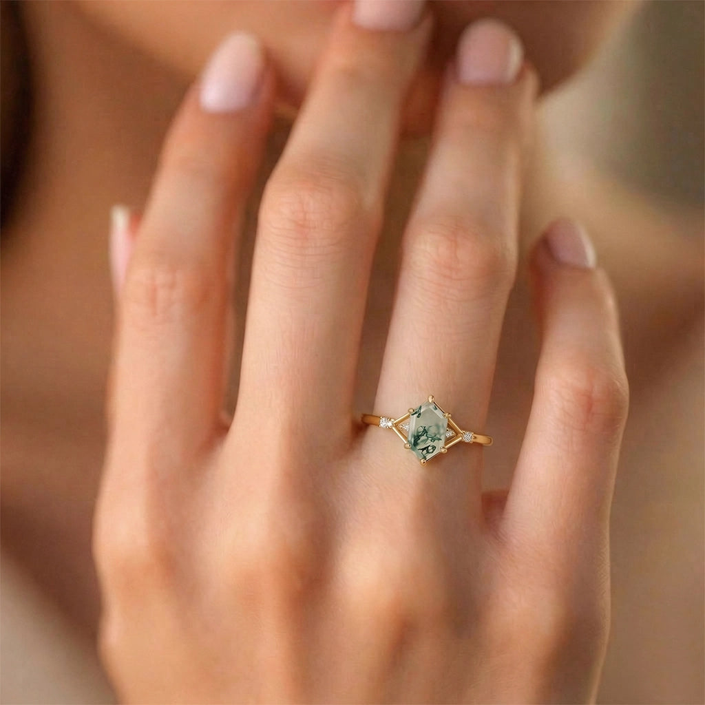 Nature Inspired Hexagon Cut Moss Agate Engagement Ring