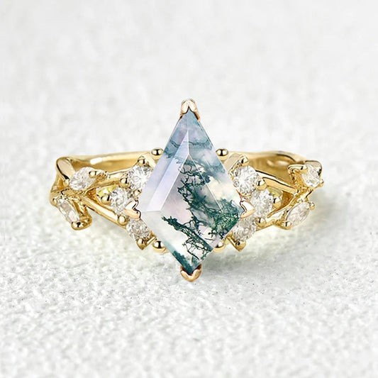 Kite Moss Agate Cluster Marquise Gold Engagement Ring